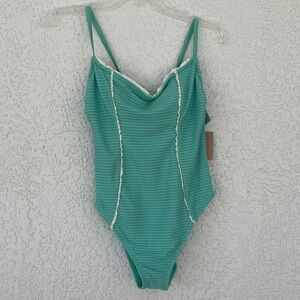 Shade & Shore Teal Textured One-Piece Swimsuit with White Trim size M (8-10)